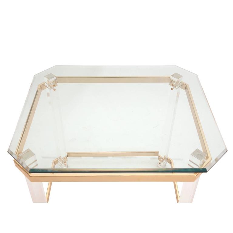 Charles Hollis Jones Lucite, Brass and Glass Side and Coffee Table