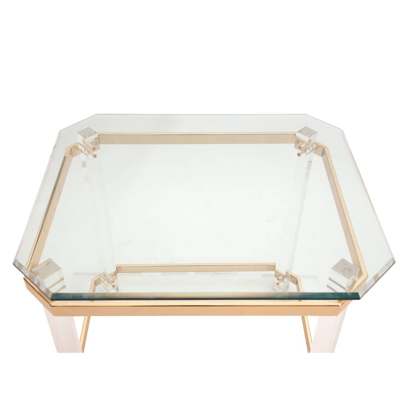 American Charles Hollis Jones Lucite, Brass and Glass Side Table, circa 1970s For Sale