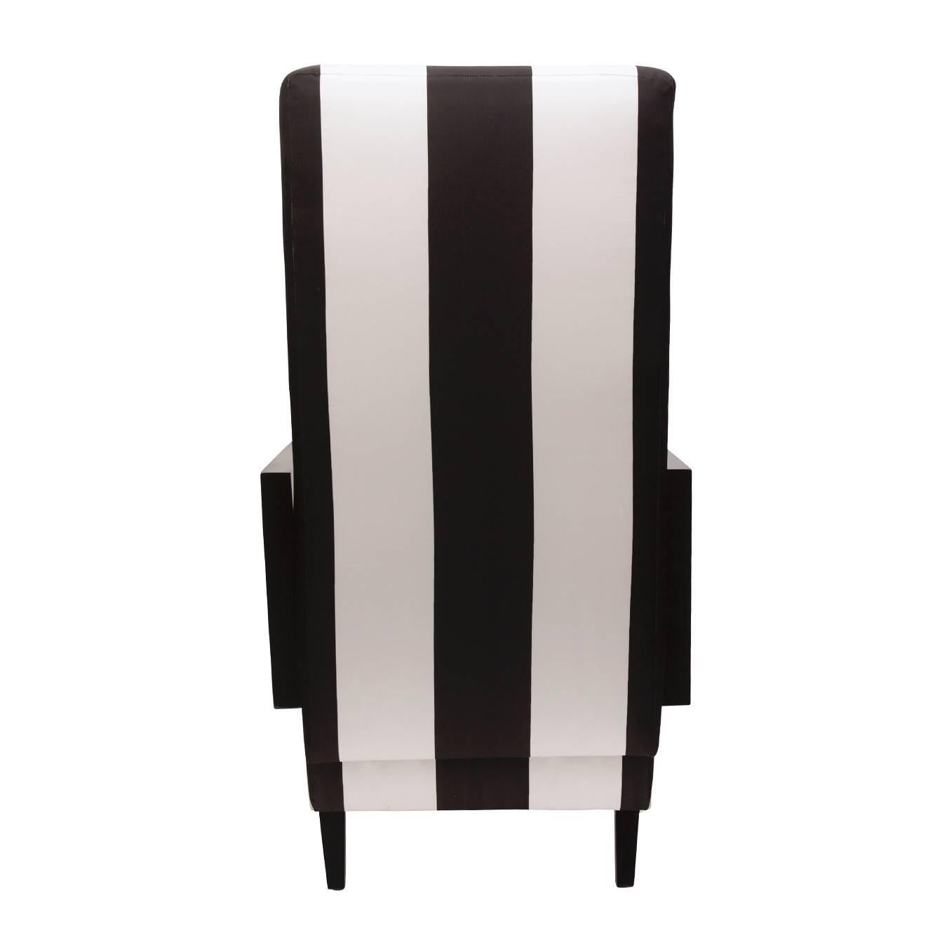 High back dining chairs in black and white striped silk, pair.