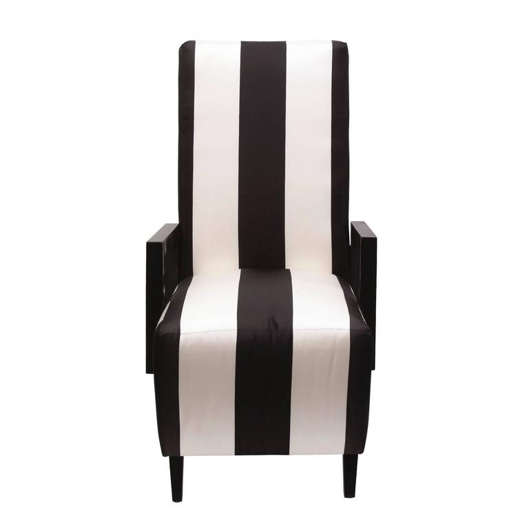 High Back Dining Chairs in Black and White Stripped Silk, Pair For Sale