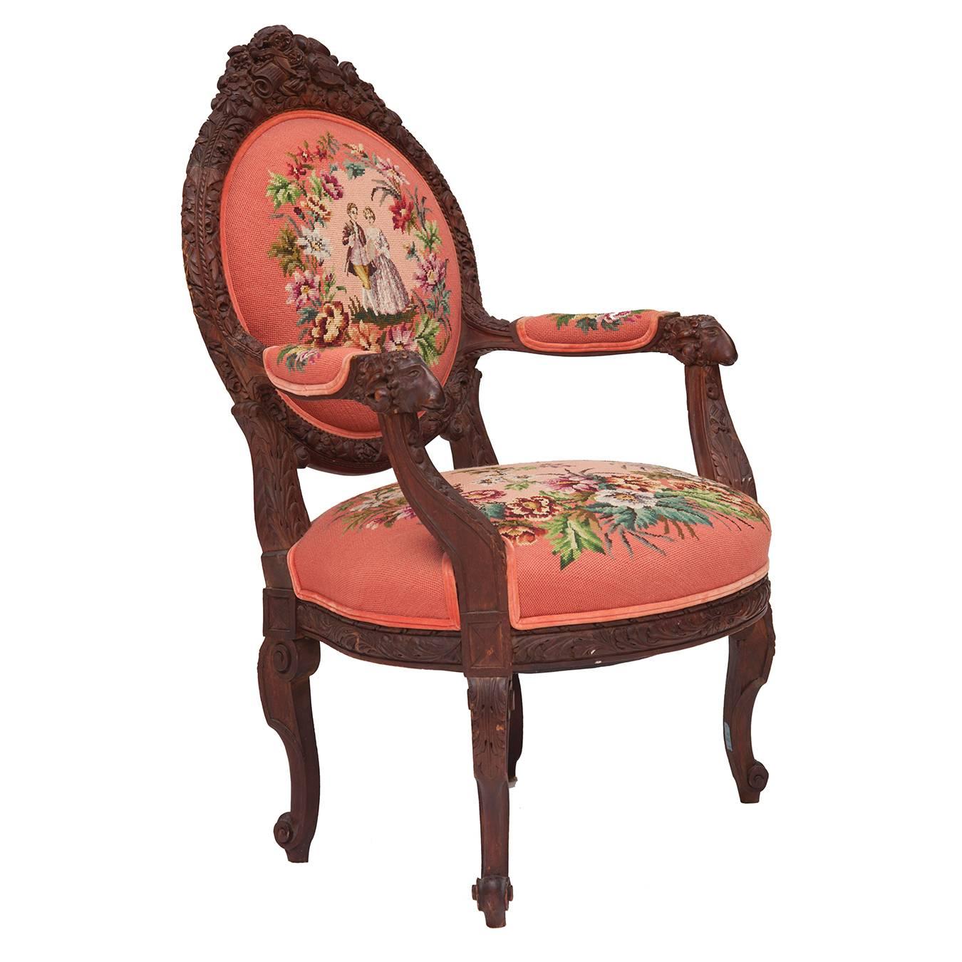 19th century hand-carved French needlepoint Aubusson chair with musical accents. Original Aubusson upholstery.