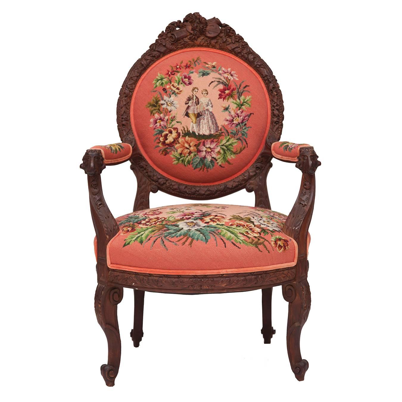 19th Century Hand-Carved French Needlepoint Aubusson Chair with Musical Accents
