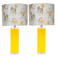 Yellow Lucite and Acrylic Table Lamps with Voutsa Octopussi Silk Shade, Pair