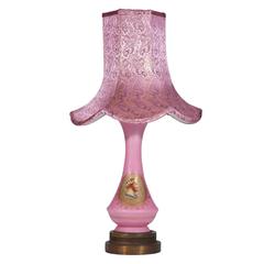 Antique King and Queen Table Lamps with Custom Metallic Pink Shade, Pair