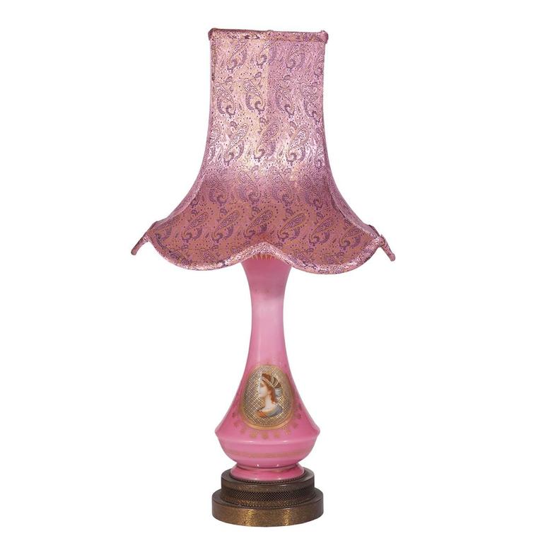 Antique King and Queen Table Lamps with Custom Metallic Pink Shade