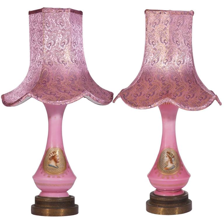 Antique King and Queen Table Lamps with Custom Metallic Pink Shade