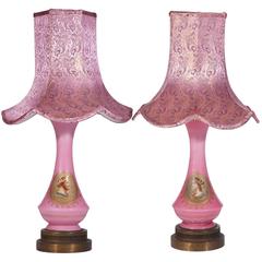Vintage King and Queen Table Lamps with Custom Metallic Pink Shade, Pair