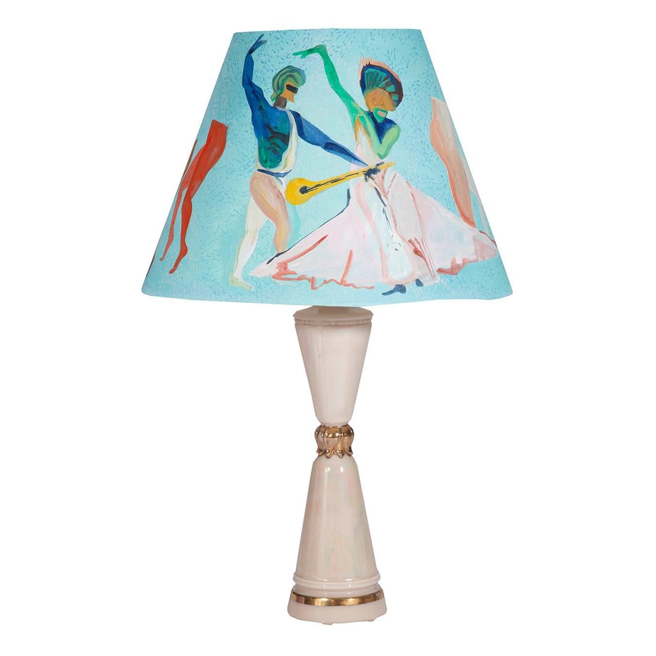 Mid-Century Modern 1970s Iridescent Table Lamps with Custom Voutsa Ballets Russes Shades, Pair