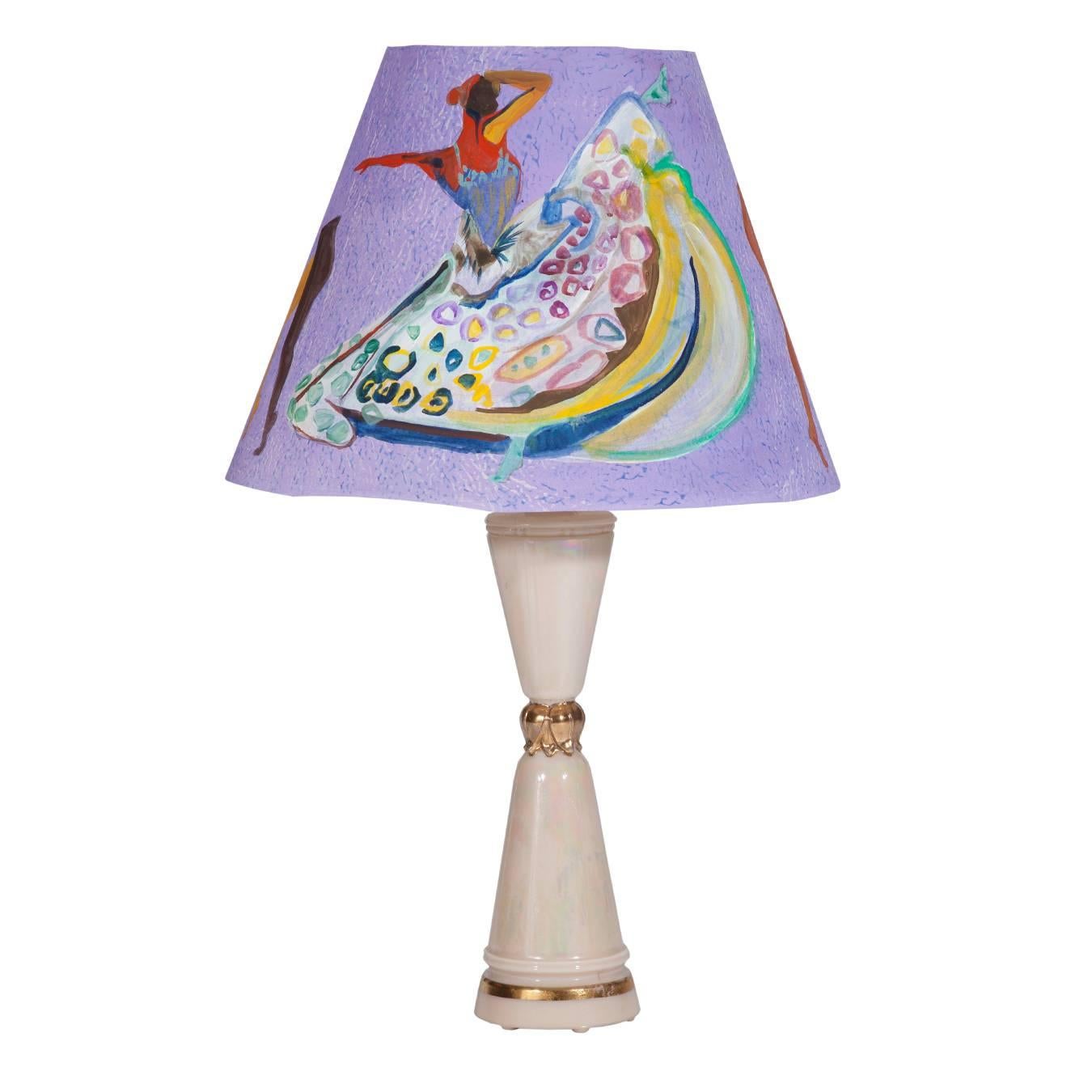 1970s Iridescent Table Lamps with Custom Voutsa Ballets Russes Shades, Pair In Good Condition In New York, NY
