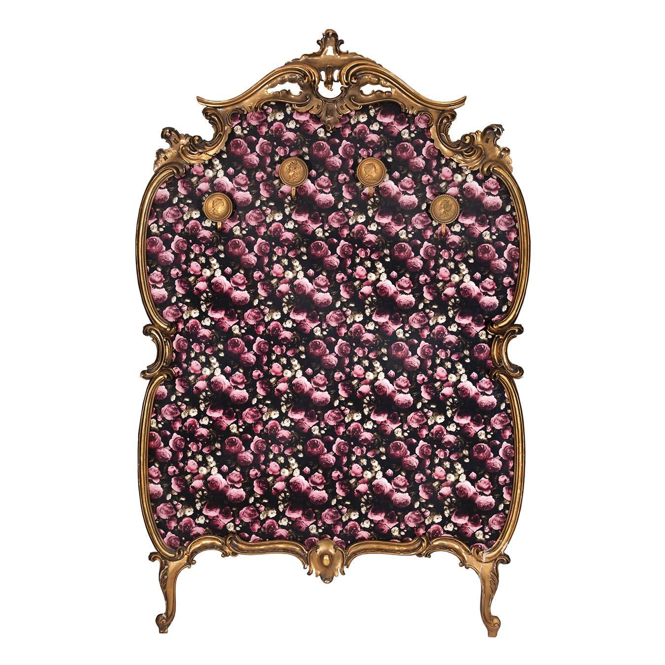 1930s Hand-Carved Coat Rack or Headboard Upholstered in Graphic Floral Vinyl For Sale