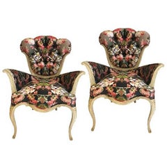 19th Century French Tufted Chairs in Alexander McQueen Floral Silk, Pair