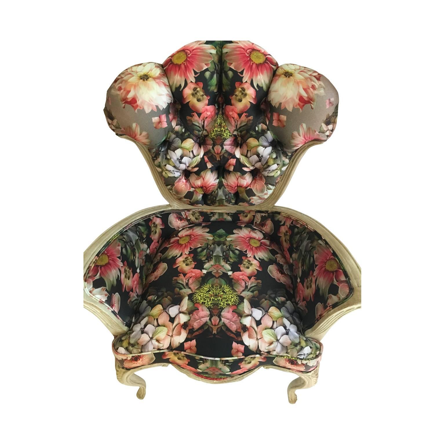 British 19th Century French Tufted Chairs in Alexander McQueen Floral Silk, Pair