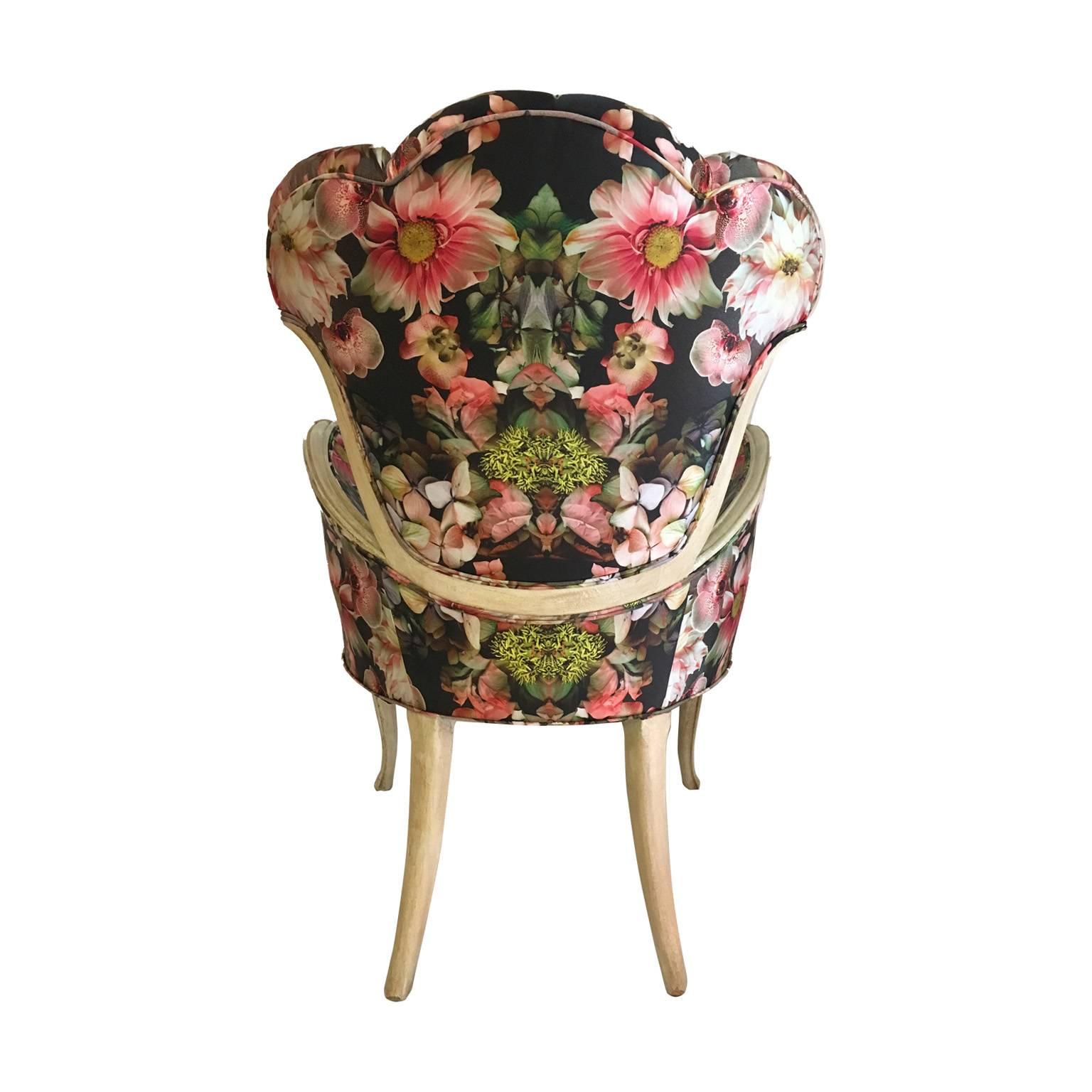 French Provincial 19th Century French Tufted Chairs in Alexander McQueen Floral Silk, Pair