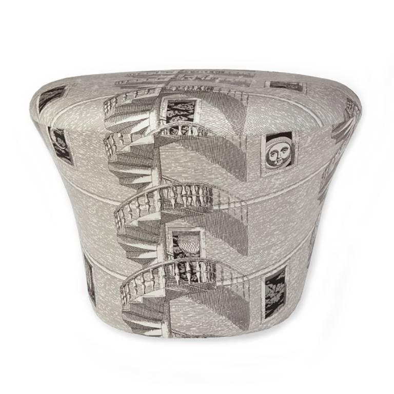 Pierre Paulin mushroom stool wrapped in Piero Fornasetti Scala a Chiocciola Di Notte fabric reflecting Fornasetti's signature style of using transfer prints rendered in the style of engravings to decorate an endless variety of furnishings and