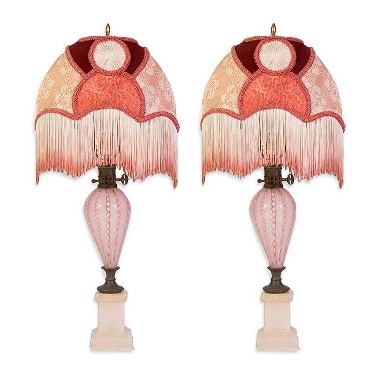 Victorian Murano Glass Lamps with Vintage Fringe Shades Pair For Sale