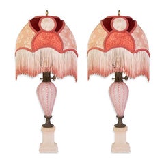 Victorian Murano Glass Lamps with Vintage Fringe Shades Pair
