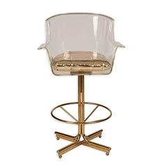 1970s Charles Hollis Jones Lucite and Brass Swivel Bar Stools, Set of Four