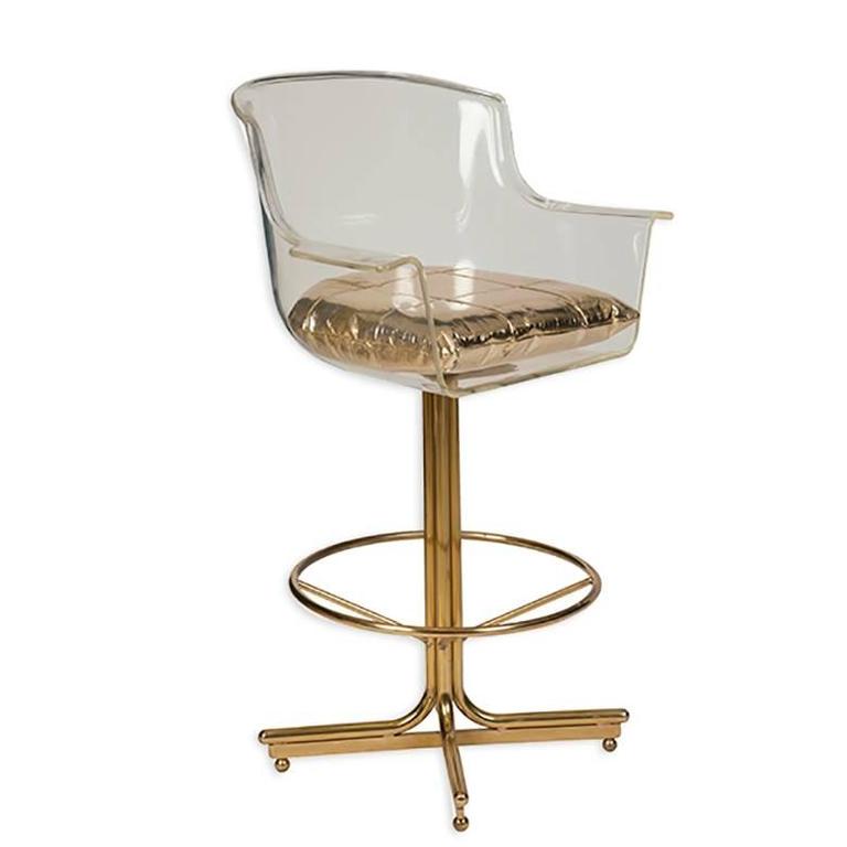 1970s Charles Hollis Jones Lucite and Brass Swivel Bar Stools, Set of