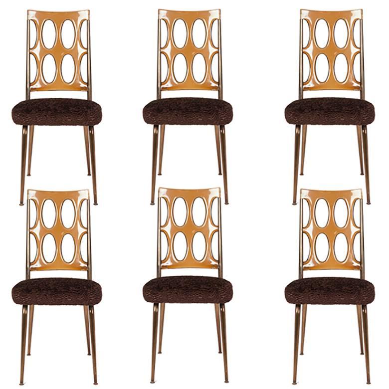 Space Age Dining Chairs, Amber Lucite and Brown Faux Fur, Set of Six