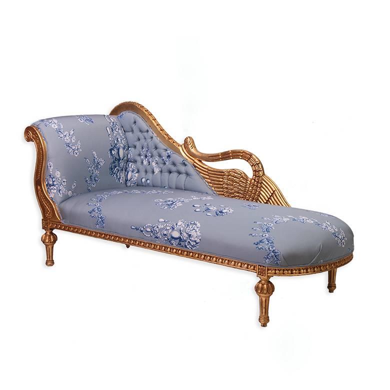 Rococo Antique Gilded French Chaise in Oscar De La Renta Fabric For Sale