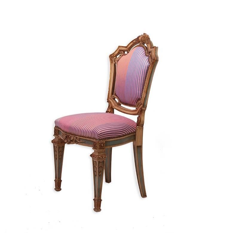 French Louis XVI Side Chairs in Syrian Damascus Metallic Stripes, Pair For Sale