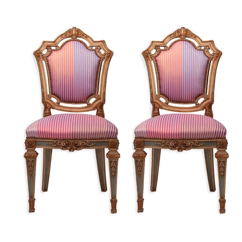Louis XVI Side Chairs in Syrian Damascus Metallic Stripes, Pair For Sale