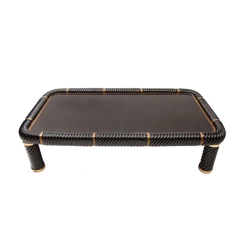 Mid-Century Modern Tommaso Barbi Black Ceramic and Brass Coffee Table, Glass Top For Sale
