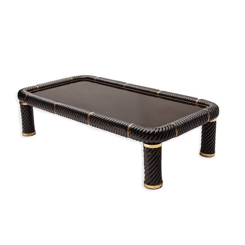 Tommaso Barbi Black Ceramic and Brass Coffee Table, Glass Top In Good Condition For Sale In New York, NY
