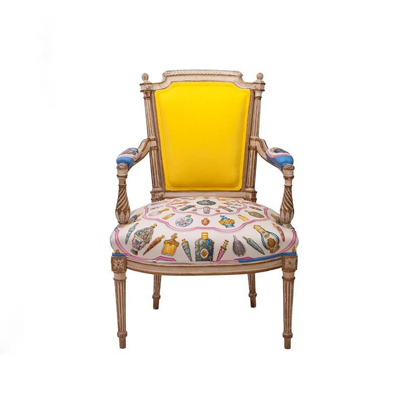 Louis XVI armchairs in vintage Hermès silk and Oscar De La Renta Cashmere.

New upholstery. 

Available pair or individually.
