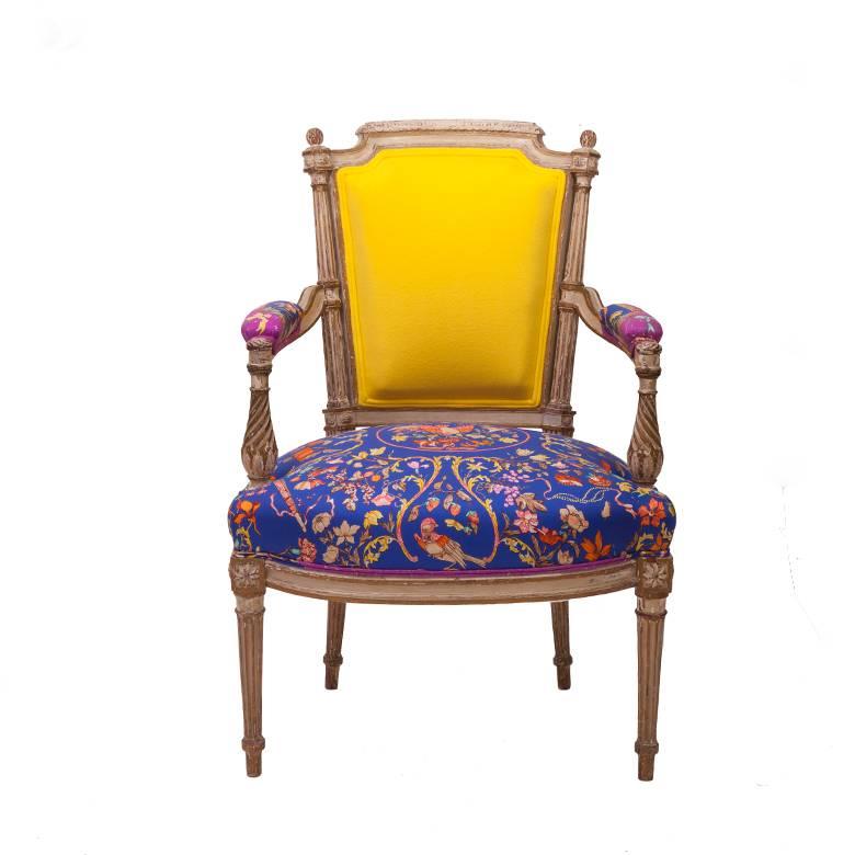 French Louis XVI Armchairs in Vintage Hermès Silk and Oscar De La Renta Cashmere