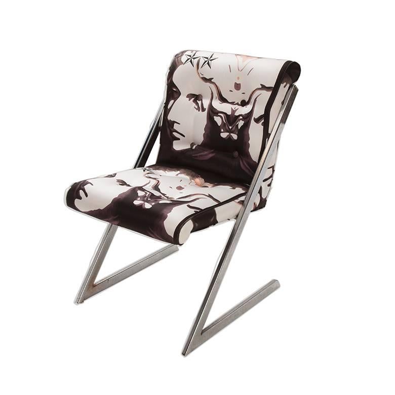 Mid-Century Modern 1980s Chrome ‘Z’ Dining Chairs in Roberto Cavalli Alexander the Great Fabric For Sale