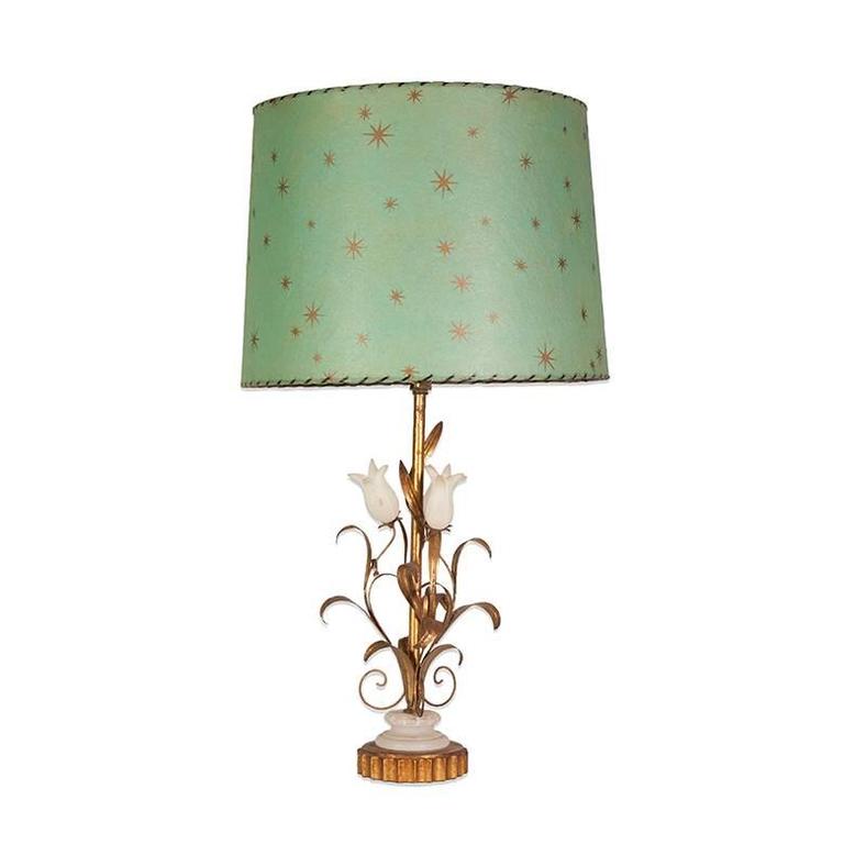Italian Gilt Metal And Alabaster Tulip Lamps With Custom Parchment Italian Gilt Metal And Alabaster Tulip Lamps With Custom Parchment Lampshades Available Or Without The
