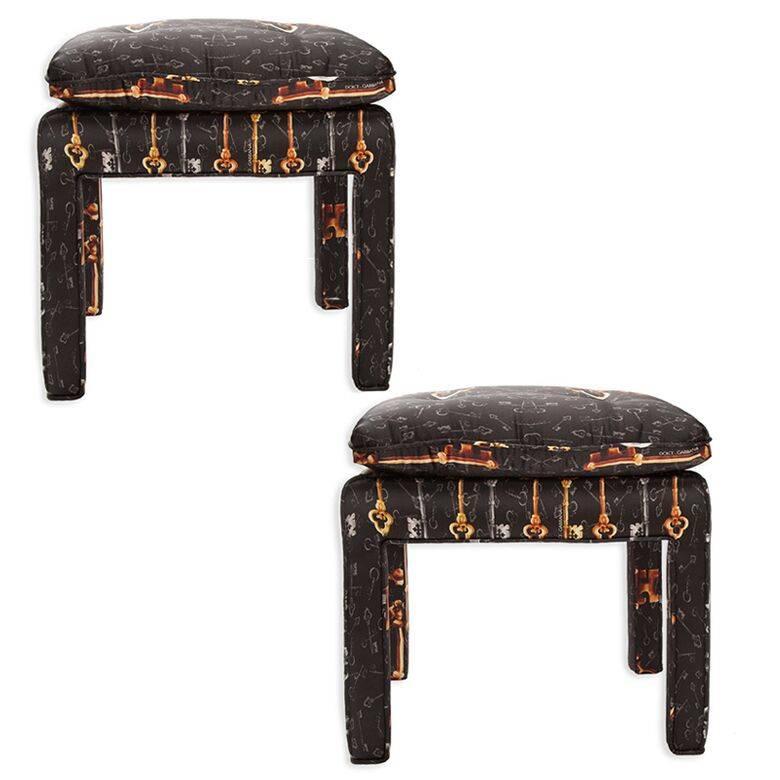 Pair of Billy Baldwin Bench Stools in Dolce and Gabbana Silk For Sale