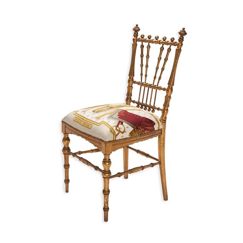 Gold Gilded Ballroom Chair Upholstered in Hermès 'Selles A Housse' Silk