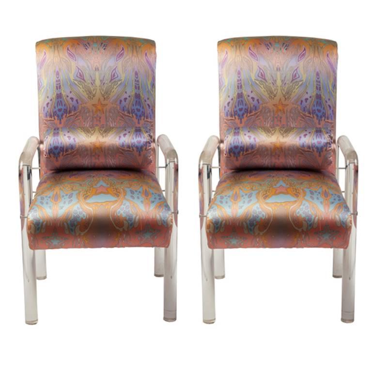 Charles Hollis Jones Lucite Armchairs Upholstered in Silk, Pair For Sale