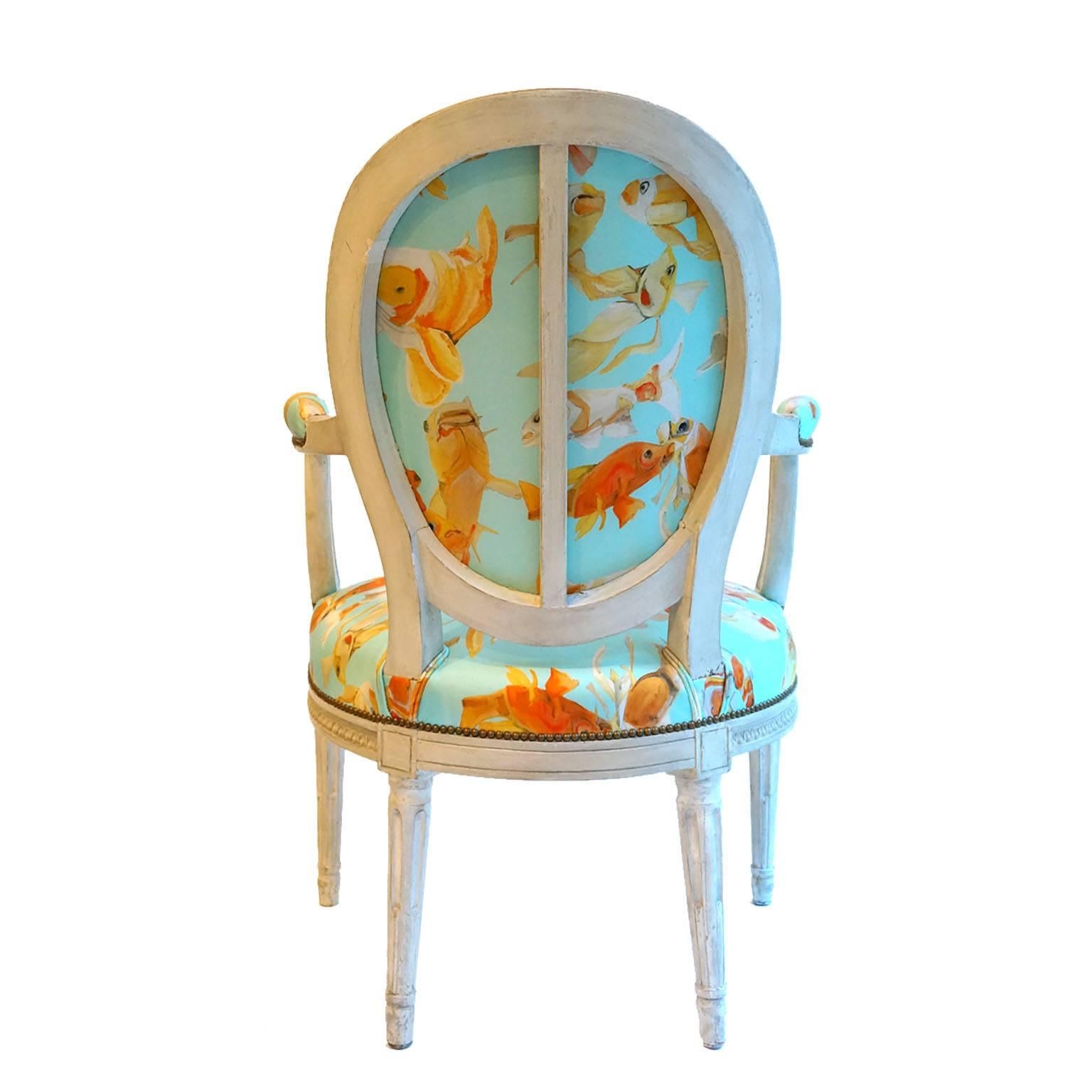 French Balloon Back Chair x Voutsa Koi on Tiffany Blue In Good Condition In New York, NY