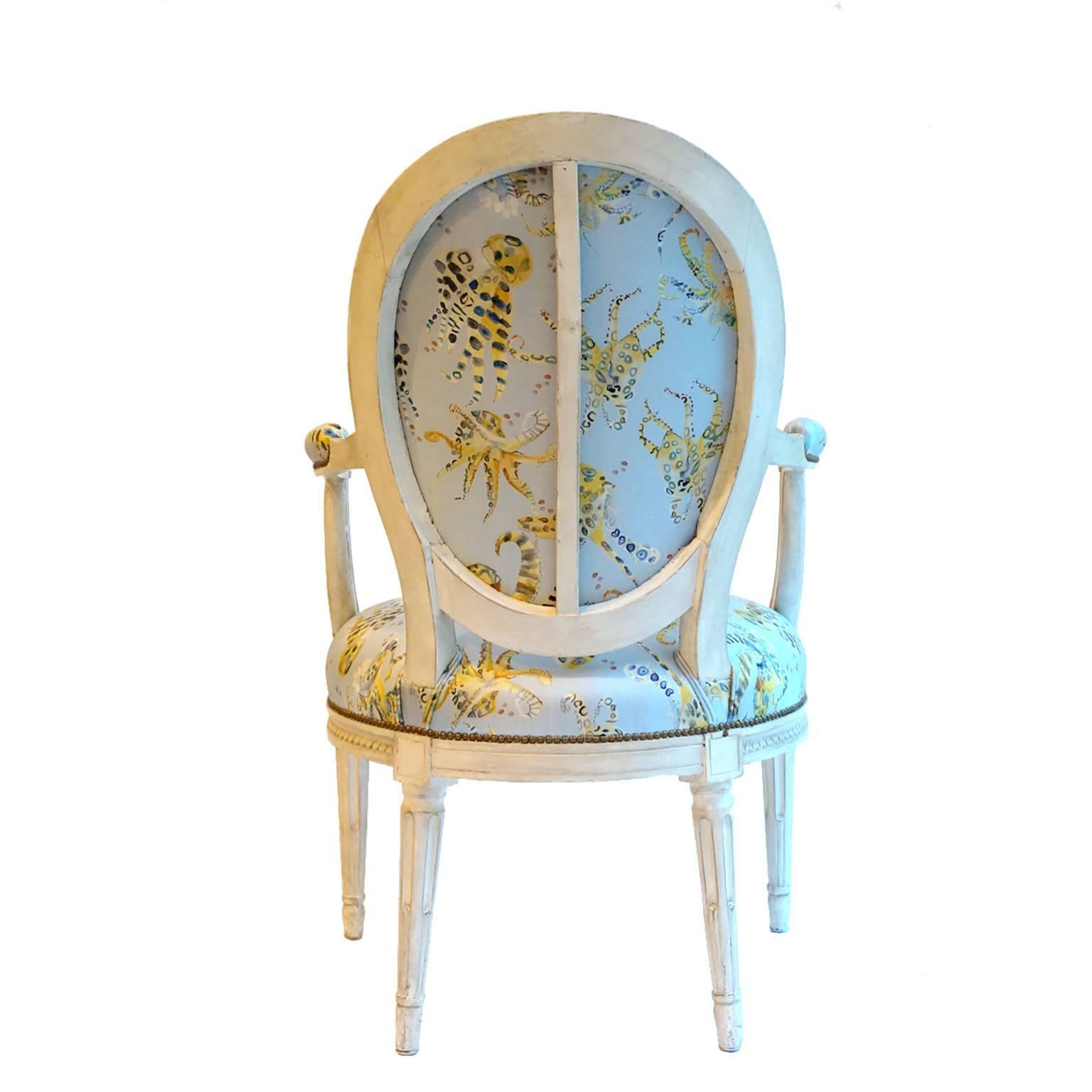 French Balloon Back Chair x Voutsa Octopussi on Powder Blue In Good Condition In New York, NY