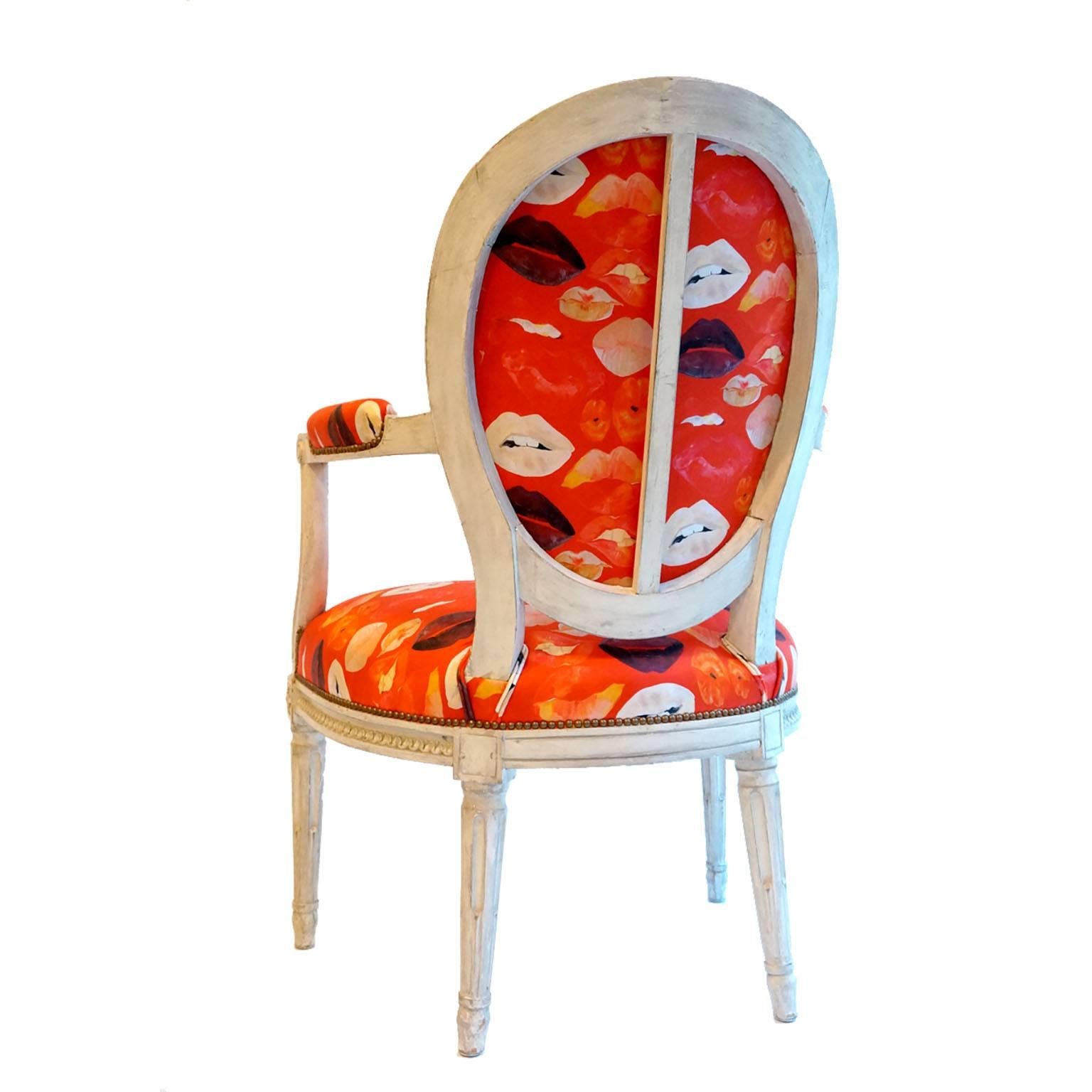 French Balloon Back Chair x Voutsa Lips on Red In Good Condition In New York, NY