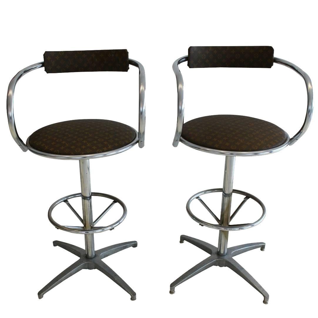 Louis Vuitton Upholstered Chrome Stools, Pair For Sale