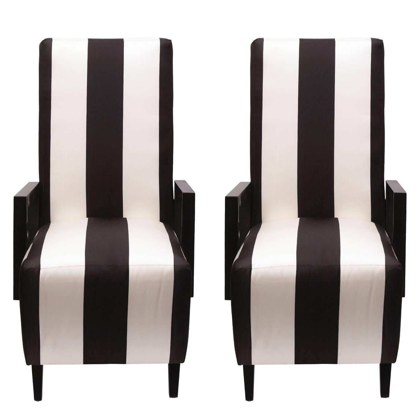 High Back Dining Chairs in Black and White Striped Silk, Pair