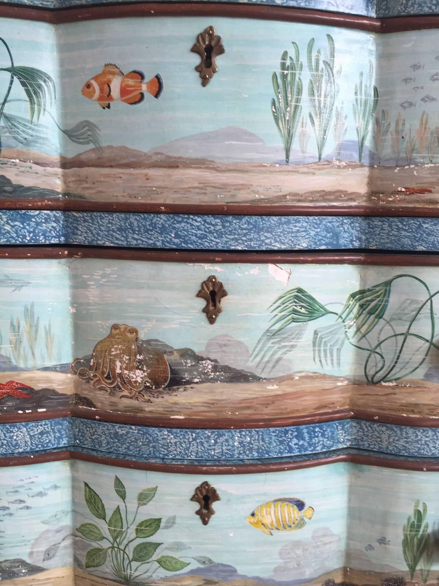 Hand-painted aquatic turtle-footed chest dresser.