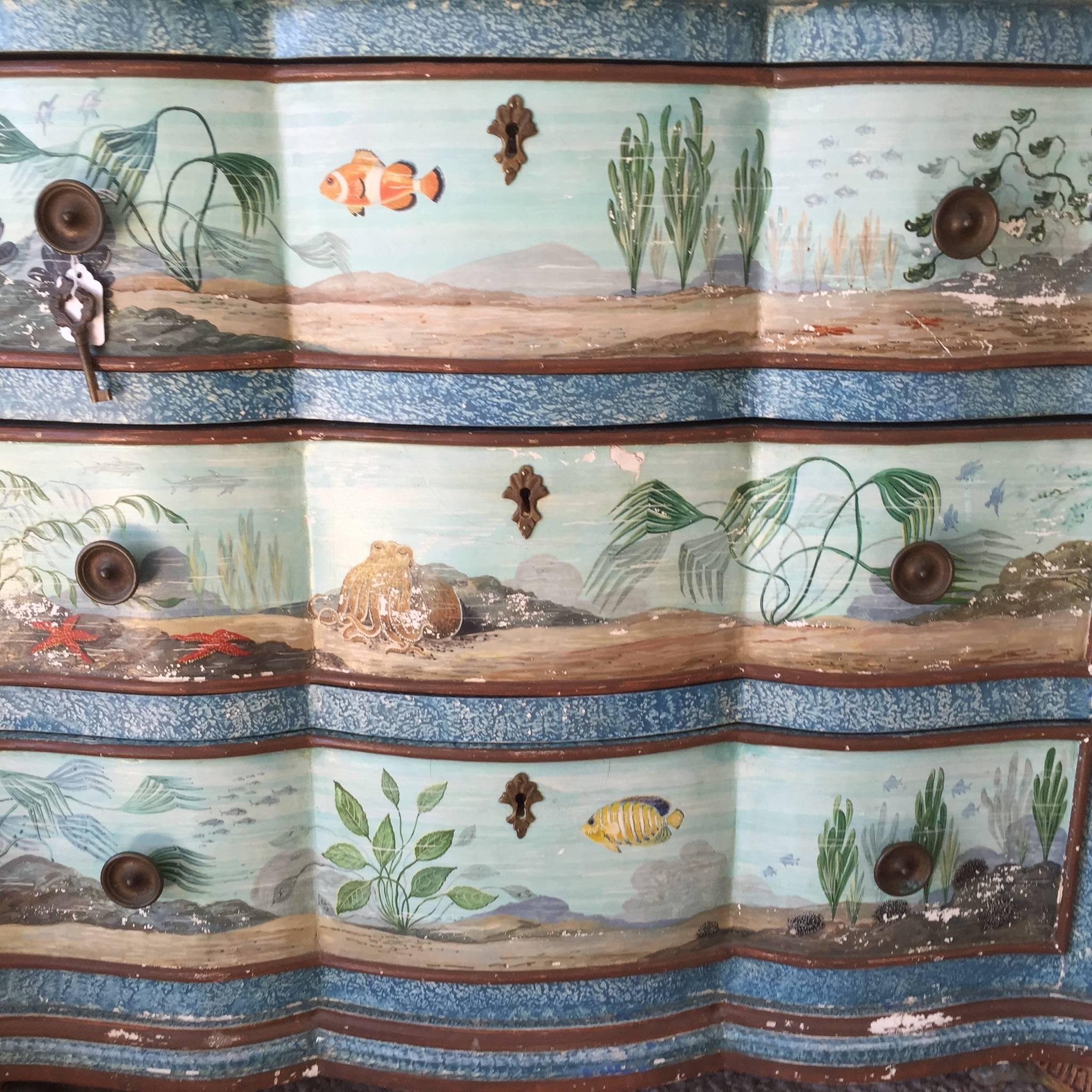 Wood Hand-Painted Aquatic Turtle-Footed Chest Dresser