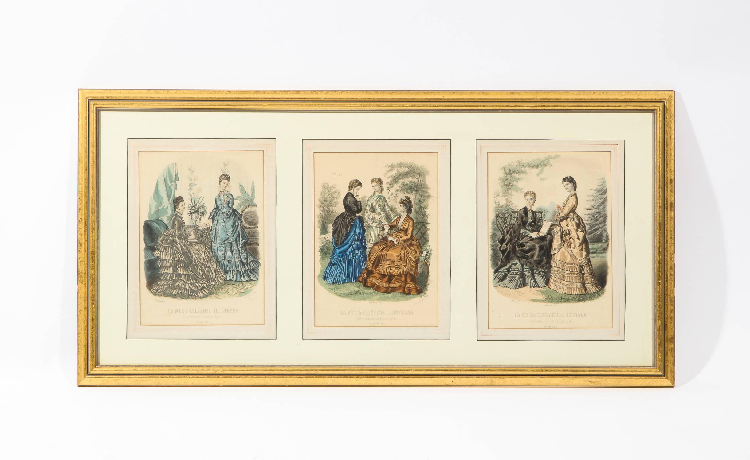 Antique 19th century Spanish fashion prints in giltwood frame, pair 

La Moda Elegante Ilustrada

Madrid.