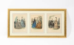 Antique 19th Century Spanish Fashion Prints in Giltwood Frame, Pair
