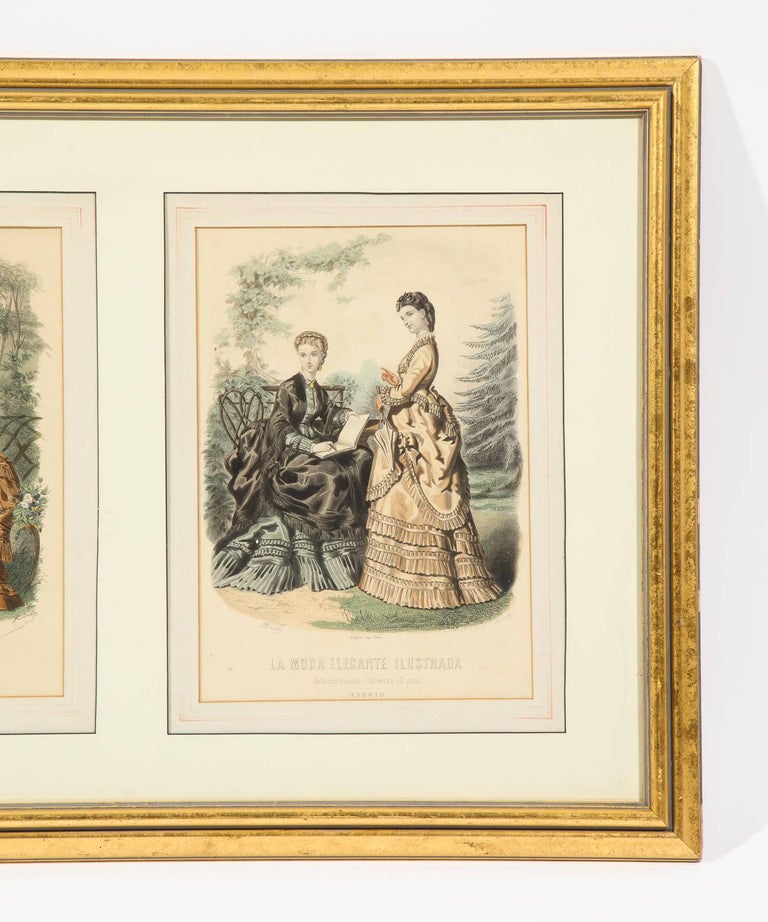 Antique 19th Century Spanish Fashion Prints in Giltwood Frame, Pair For