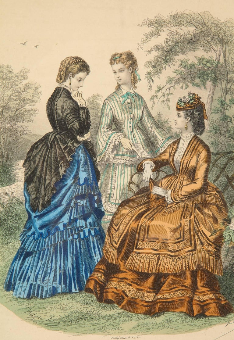 Antique 19th Century Spanish Fashion Prints in Giltwood Frame, Pair For