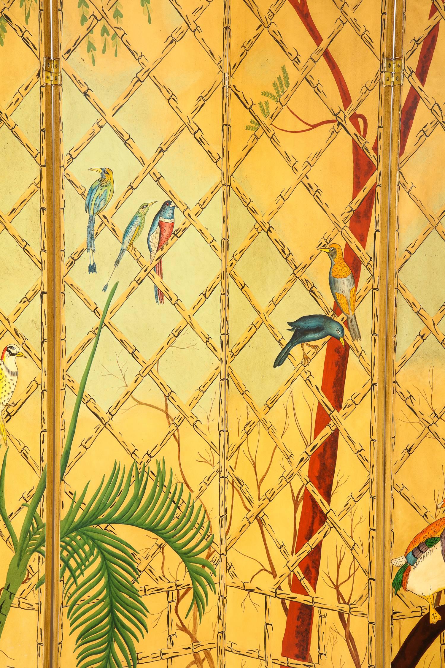 Massive chinoiserie six panel hand-painted screen room divider

Signed by Christian Fersen

Each panel is 16'' W x 1'' D and contains various hand-painted chinoiserie motifs with a continuous trellis design; includes brackets for wall mounting.