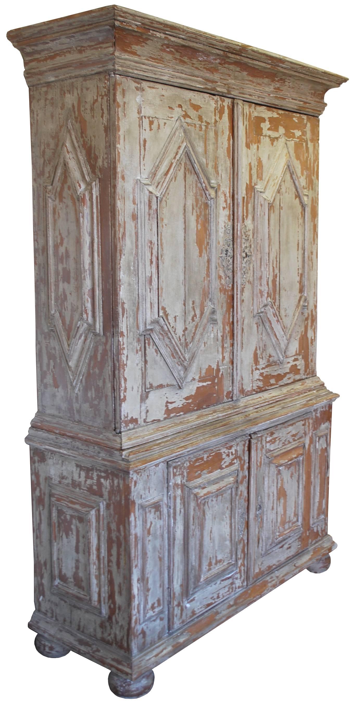 French antique hutch with original hardware and paint. Paint is fragile and inherent to the wear of the piece over time. Please see additional images.