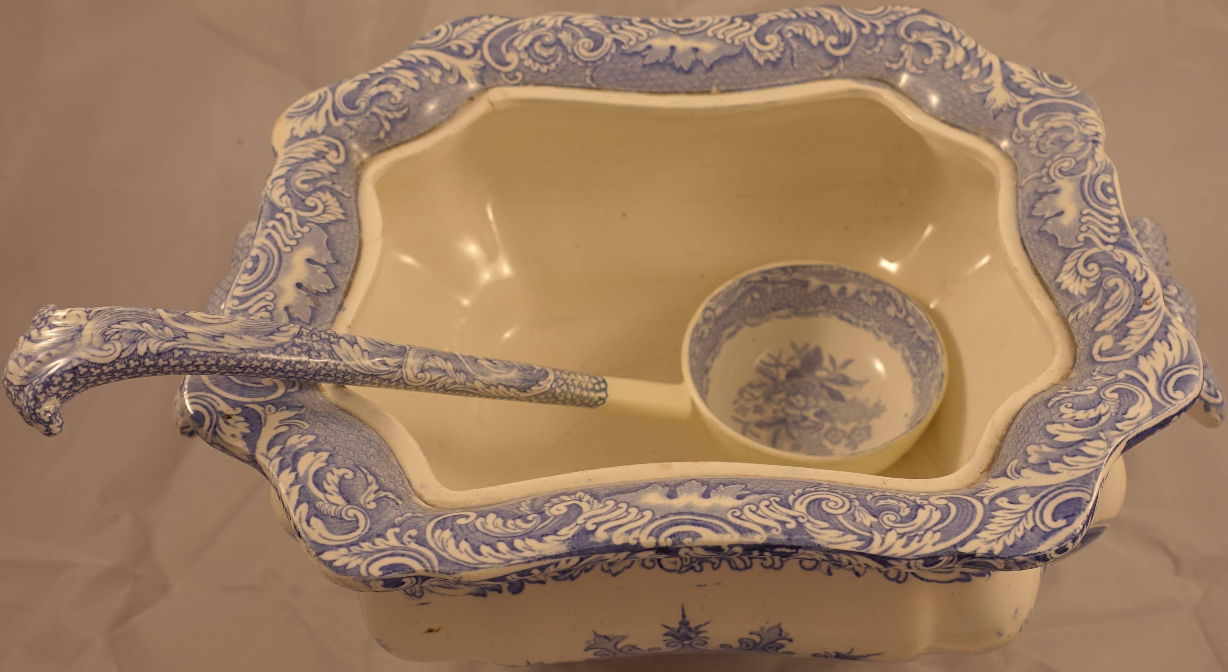 French Blue and White Soup Tureen with Ladle For Sale
