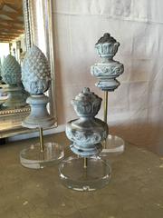 Collection of Three Zinc Finial Artifacts Mounted on Lucite Bases